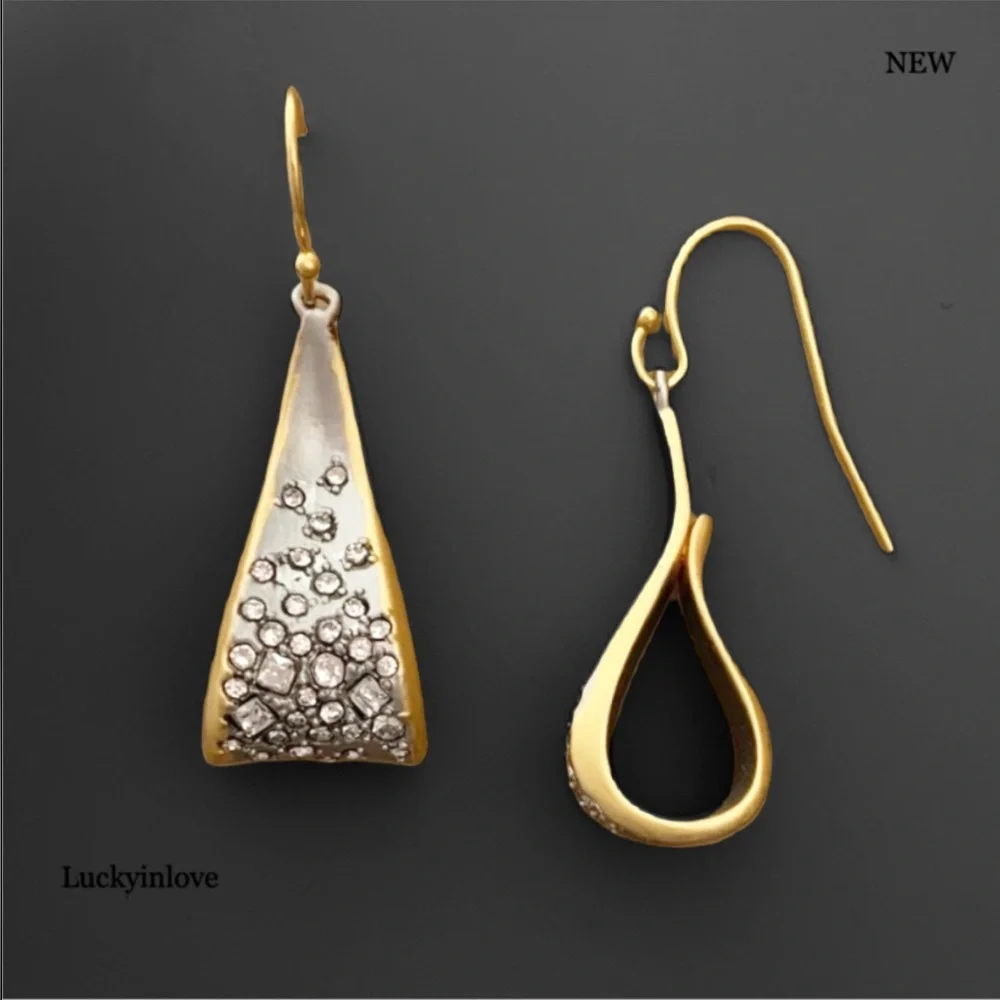 ALEXIS BITTAR • Ribbon Curl Bow Crystal Dusted Matte Silver Gold Drop Earrings